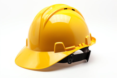 Yellow hard hat isolated on white background. 3d render illustration.の素材