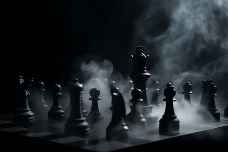 Chess board game concept of business ideas and competition and strategy ideas concep. Chess figures on a dark background with smoke and fog. Selective focusの素材