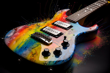 Electric guitar with colorful splashes on black background, close-upの素材