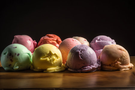 Colorful ice cream scoops on wooden table. Selective focusの素材