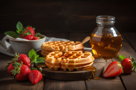 Belgian waffles with fresh strawberries and honey on a wooden backgroundの素材