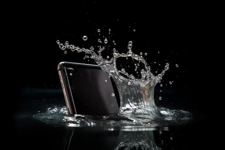 Mobile phone with water splash isolated on black background. 3d illustrationの素材