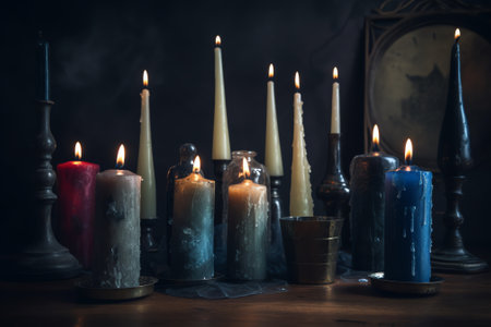 Burning candles in candlesticks on a wooden table. Selective focus.の素材