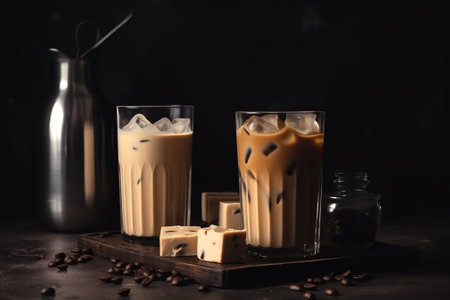 Iced coffee with milk in a tall glass on a dark backgroundの素材