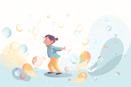 Little girl playing with soap bubbles. Vector illustration in cartoon style.の素材