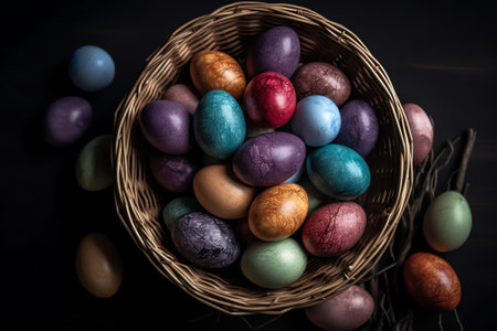 Colorful easter eggs in a basket on a black background.の素材