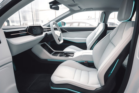 Modern car interior, white leather seats and steering wheel. Interior of luxury car.の素材