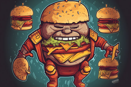 Vector illustration of a cartoon burger character with hamburger. Fast food concept.の素材