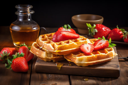 Traditional belgian waffles with fresh strawberries and honey on wooden backgroundの素材