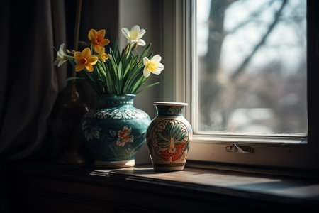 Daffodils and daffodils in vase on window sillの素材