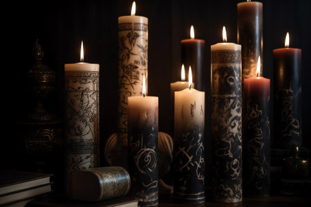 Burning candles on dark background, closeup. Religion concept.の素材