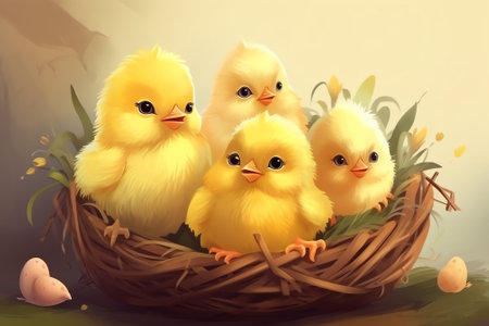 Easter greeting card with cute yellow chickens in nest and eggs.の素材