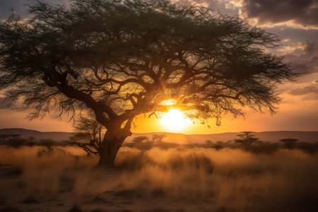 Sunset in the savannah with acacia tree in Namibiaの素材