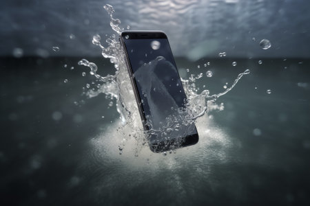 Smartphone with water splash on dark background. 3d rendering.の素材
