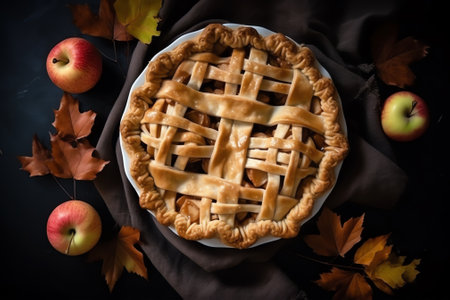 Homemade apple pie on a dark background with autumn leaves and applesの素材
