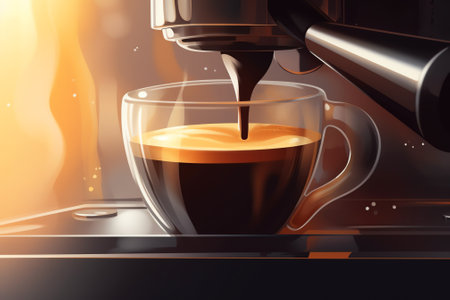 Coffee machine pouring hot coffee into a cup. 3D renderingの素材