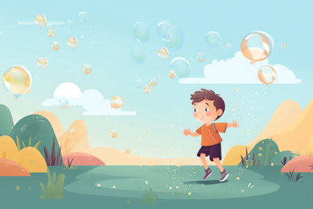 Little boy playing with soap bubbles in the park. Vector illustration.の素材