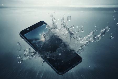 Smartphone with water splash on blue background. Mobile phone in water.の素材