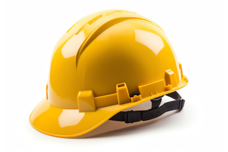 Yellow hard hat isolated on white background. 3d render illustration.の素材