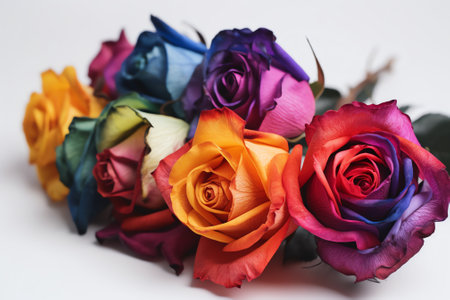 bouquet of multicolored roses on a white background.の素材