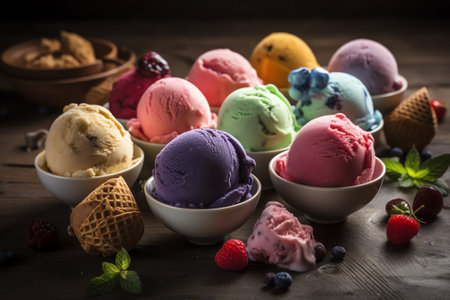 Colorful ice cream scoops in bowls on rustic wooden backgroundの素材