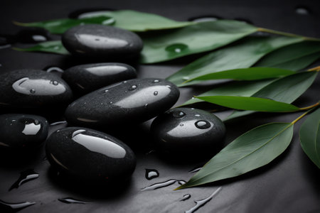 Spa stones with green leaves and water drops on black background, closeupの素材