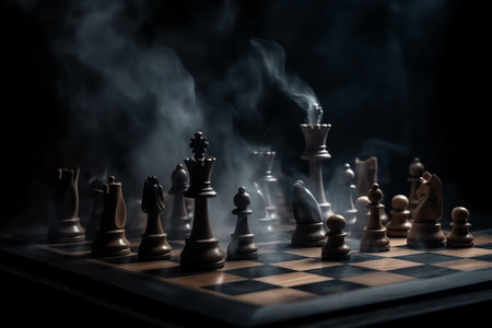 Chess board game concept of business ideas and competition and strategy ideas concep. Chess figures on a dark toned foggy background. Selective focusの素材