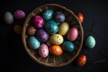 Colorful easter eggs in a basket on a black background.の素材