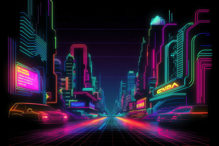Neon city background with neon lights. Vector illustration. Eps 10の素材