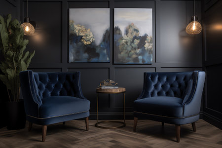 Two blue armchairs in a dark interior. 3d rendering mock upの素材