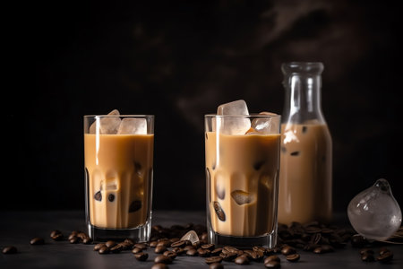 Iced coffee in glass with ice cubes and coffee beans on dark backgroundの素材