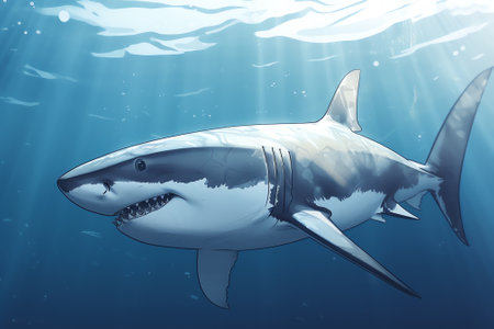 Great white shark in the deep blue ocean. 3D illustration.の素材