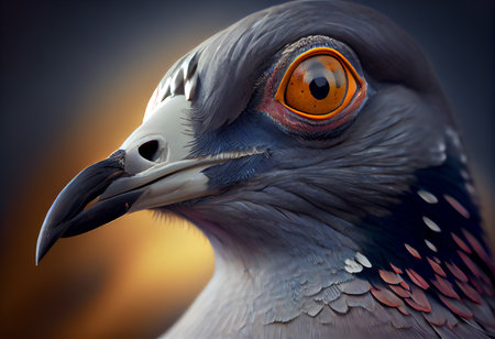 Portrait of a pigeon with an orange eye on a dark backgroundの素材