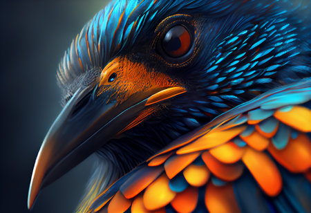 3D rendering of a fantasy bird with orange and blue feathers.の素材