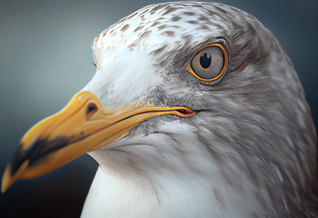 Portrait of a seagull with a yellow beak on a gray backgroundの素材