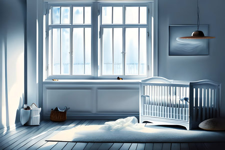 3d render of a baby room with a crib and a windowの素材