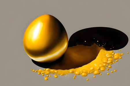 golden egg on a black background with splashes of yellow paintの素材
