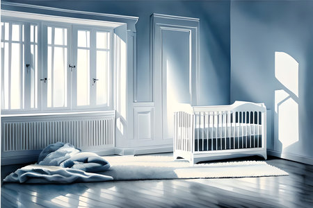 3d rendering of a baby room with a crib and a windowの素材
