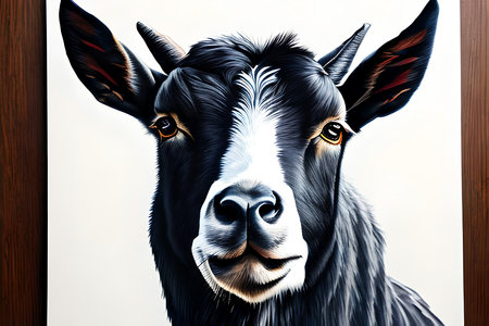 Digital painting of a black and white goat head with the eyes closedの素材