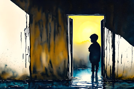 Silhouette of a boy standing in front of an open doorの素材