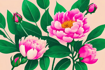 Peony flowers with green leaves. Vector illustration in retro style.の素材