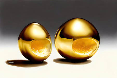 Two golden eggs on a white background. 3d rendering. Computer digital drawing.の素材