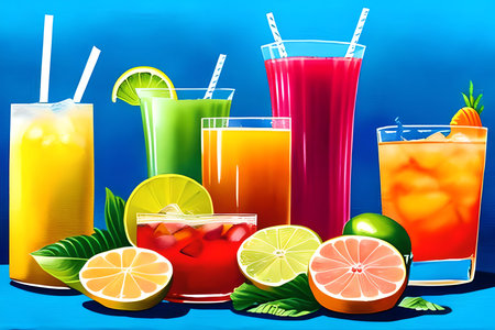 Colorful summer drinks with fruit on blue background. Vector illustration.の素材