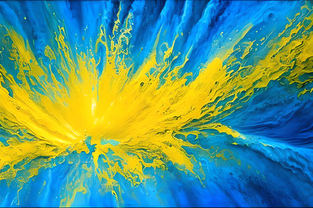 abstract background of blue and yellow oil paint in the form of a flowerの素材