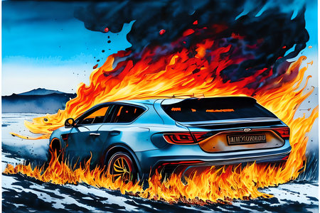 Illustration of a car with flames on a background of mountains.の素材