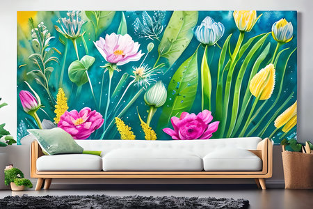 Interior of modern living room with white sofa and colorful flowers. 3d renderの素材