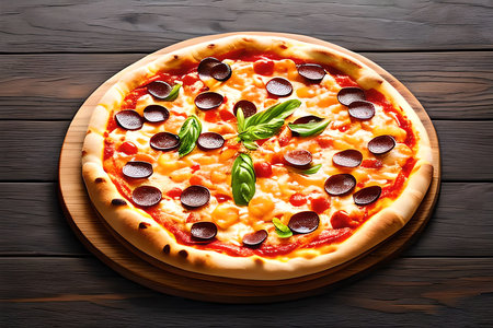 Pizza with mozzarella, olives and basil on wooden backgroundの素材