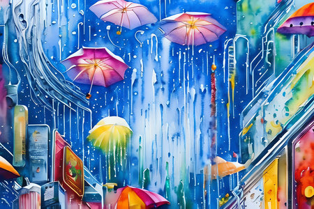 Watercolor illustration of a rainy day in the city. Watercolor backgroundの素材