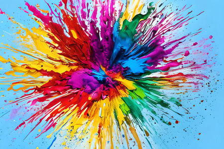Colorful abstract paint splashes on blue background. Rainbow colors.の素材