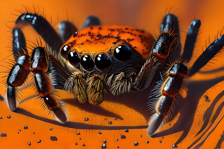 3d illustration of a jumping spider with orange eyes and black spotsの素材